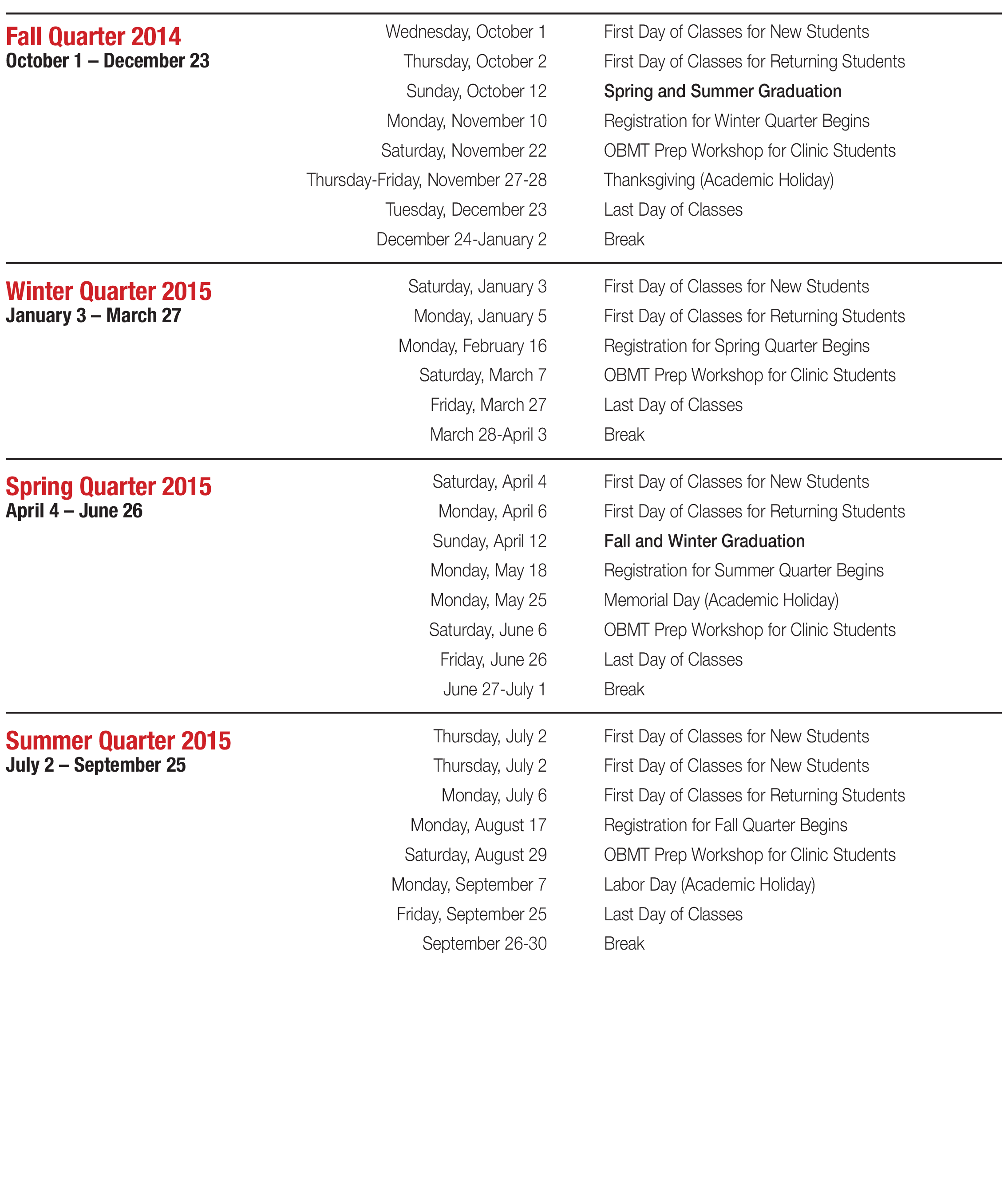 Academic Calendar 2014